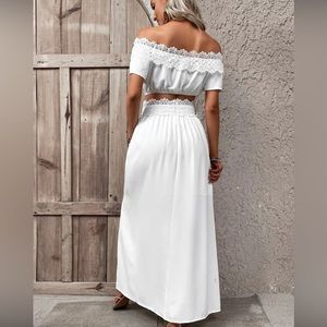 Lace trim off the shoulder crop top and split thigh skirt